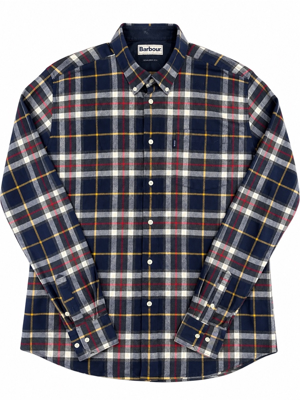 Barbour Castlebay Tartan Plaid Cotton Shirt Navy Tailored Fit L